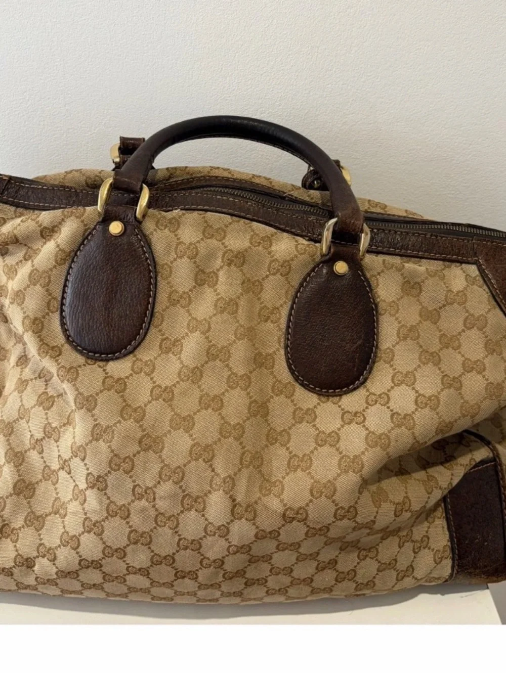 Gucci Beige Monogram Canvas Duffel with Brown Leather Trim